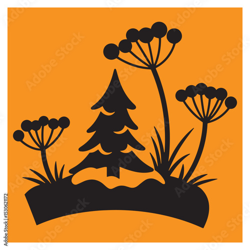 Black silhouette illustration of pine tree and wildflowers on an orange background