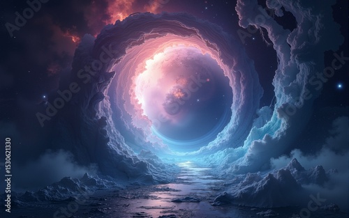 Enigmatic portal to another dimension with cosmic hues swirling and on transparent background. High quality