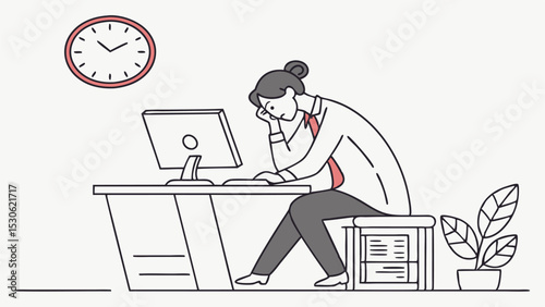 Illustration of a stressed office worker sitting at a desk with a computer and clock on the wall looking tired