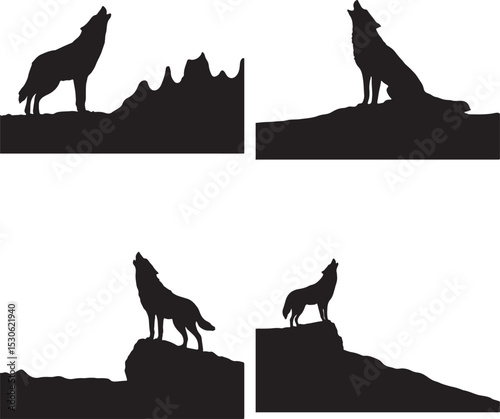  Howling Wolf Silhouette Set with Rocky Terrain Elements in Bold Black Vector Design