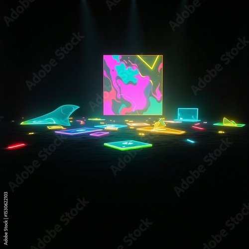 graphic elements floating in a dark room with subtle shadow