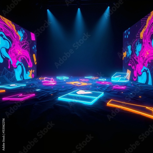 graphic elements floating in a dark room with subtle shadow