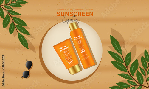 Sunscreen tube and bottle with leaves vector illustration, beauty cosmetics promotion template, sunscreen cosmetics ad horizontal banner design.
