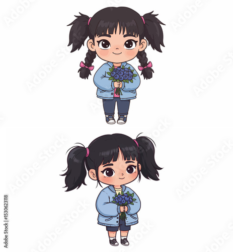 Cute Chibi Girl with Pigtails Holding a Bouquet of Flowers

