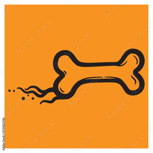 Cartoon illustration of a dog bone with stylized details on a vibrant orange background