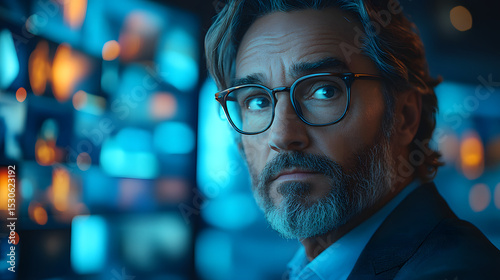 Portrait of a man with glasses looking serious in front of a screen with blue and orange lights