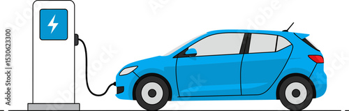 Illustration of electric vehicle (EV) is connected to an electric charging station.