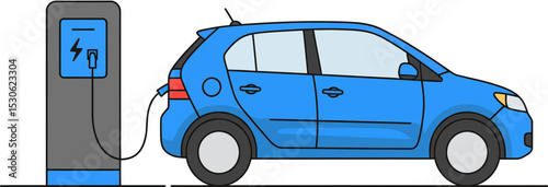 Illustration of electric vehicle (EV) is connected to an electric charging station.