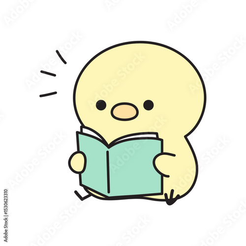 座って読書していたら、何かに気づく可愛いひよこのイラスト