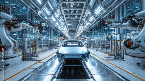 Automated car production line with robotic arms assembling vehicle in high-tech factory, showcasing modern manufacturing, precision and advanced industrial automation.