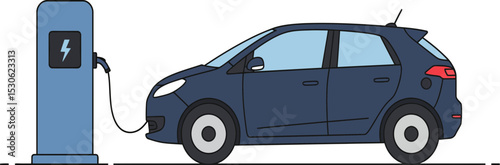 Illustration of electric vehicle (EV) is connected to an electric charging station.