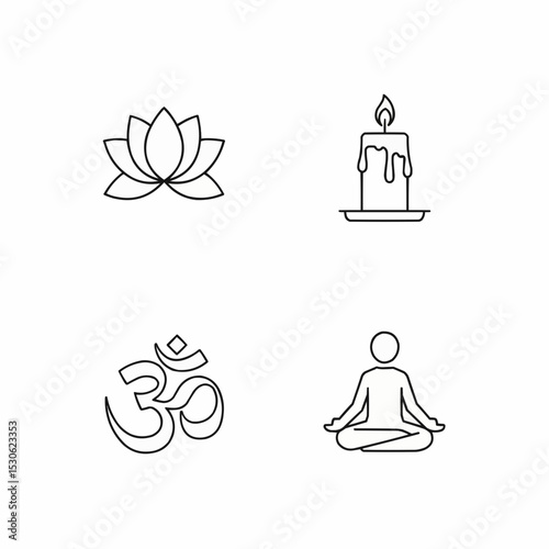 Minimalist Icons Featuring Meditation, Spiritual Om Symbol, Lotus Flower, and Candle