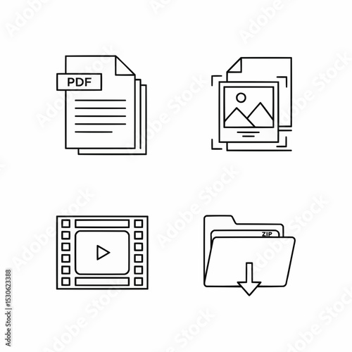 A clean and minimal collection of line icons showcasing various file types including PDF, image, video, and zip formats,