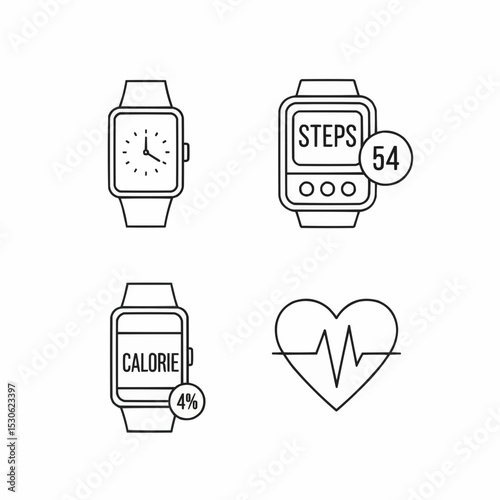 Health Tracking Smartwatch Line Icons with Fitness Metrics and Heartbeat Symbol