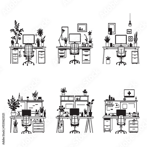 modern office cubicle workstation line art vector illustration