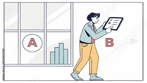 A man holding a tablet walking past a window with a graph and a comparison of options a and b shown