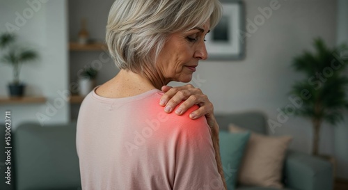 Senior Caucasian woman sitting indoors with hand on shoulder showing discomfort, red glow highlighting shoulder pain in cozy home environment