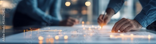 Architects collaborating in a digital workspace with glowing interactive blueprints, sharp focus, vibrant tones