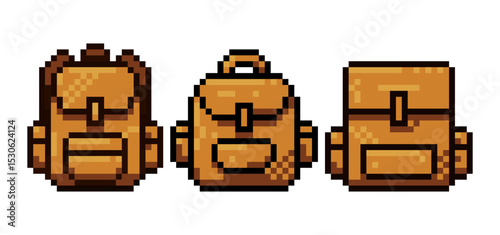 Three distinct Pixel art backpack designs,8Bits, perfect for game developers, retro art enthusiasts, or anyone needing vintage-style digital assets.