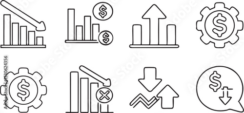 Decline Icons Solid Black Set Arrow Down Drop Graph Fall Negative Trend Chart