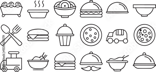 Catering Icons Solid Black Set Food Tray Service Chef Meal Dish Restaurant Vector