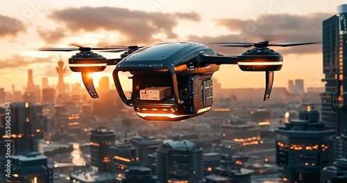 Futuristic drone delivery service over a city at sunset. photo