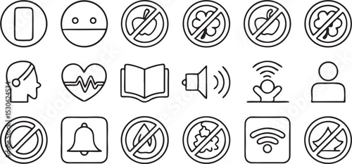 Digital Detox Icons Solid Black Set Phone Off Mindful Wellness Balance Rest Tech