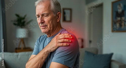 Senior Caucasian man sitting at home with hand on shoulder showing signs of pain and discomfort, red glow indicating musculoskeletal or cardiac condition