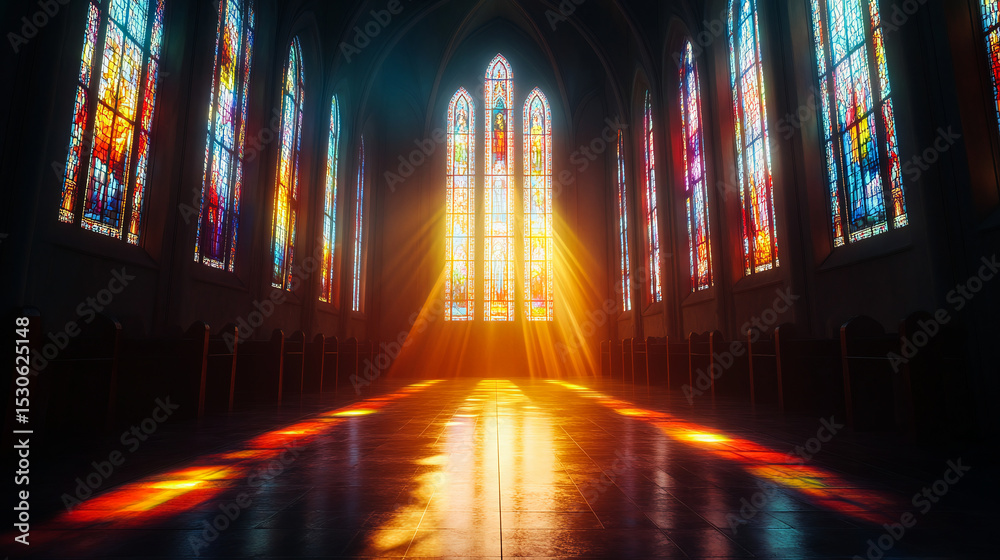 Fototapeta premium A church with stained glass windows and a light shining through the window panes on the floor and the walls and ceiling is dark and the light is shining