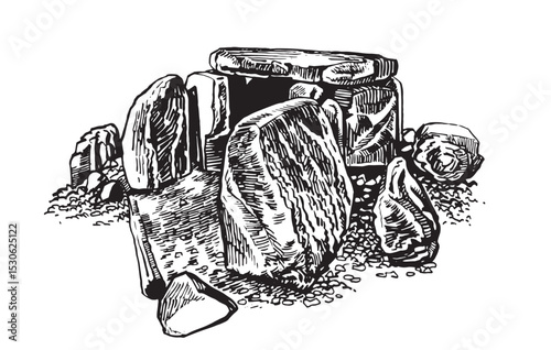 Graphical vector illustration of dolmen from Caucasus, white background. Historical architecture	