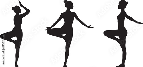 Trio of Yoga Pose Silhouettes Depicting Standing Balance with Raised Leg Variations in Black Vector