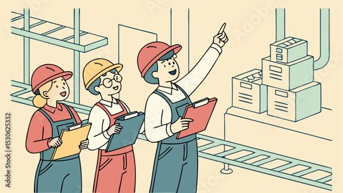 Three factory workers in overalls and hard hats inspect boxes on a conveyor belt in a warehouse setting