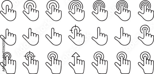 Click Tap Gesture Icons Line UI Set Mouse Pointer Finger Swipe Press Interface