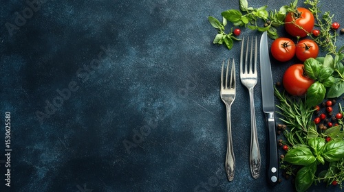 Silverware and fresh vegetables arranged on a dark surface.
