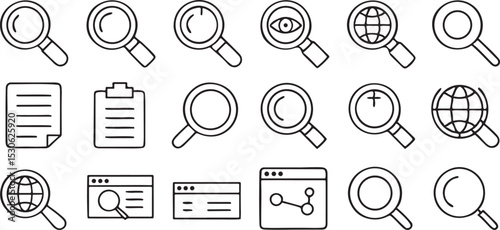 Search Icons Line Art Vector Set Magnifying Glass Document Zoom File Web Find