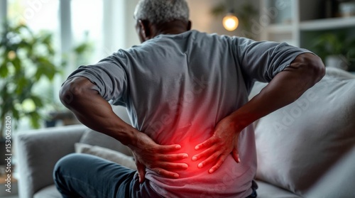 Senior Black man sitting on sofa with hand on lower back showing pain and discomfort, red glow highlighting lumbar ache in home environment