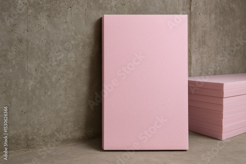 Pink insulation panels against wall: Pink insulation panel resting against a gray wall alongside a stacked pile of the same material.