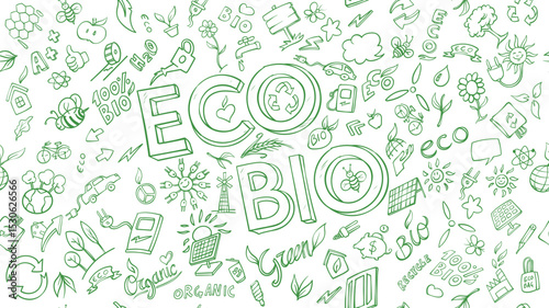 horizontal  banner Eco and  bio Related Objects and Elements. Hand Drawn Vector Doodle Illustration
