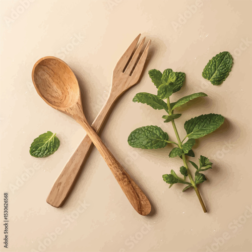 Isolated wooden spoons filled with a variety of healthy green herbs and brown spices