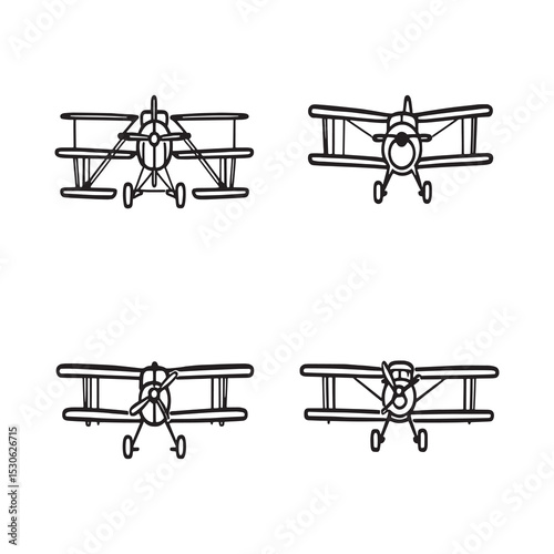 old fashioned biplane with wings and propeller line drawing