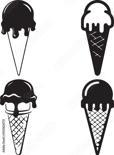 Dripping Ice Cream Cone Silhouette Set in Bold Black Vector for Summer Treat Designs