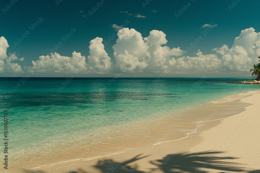 Obraz premium Bright tropical sky highlights tranquil turquoise waters and soft sandy beach during a quiet afternoon at a tropical paradise
