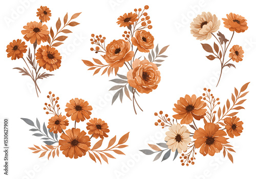 Watercolor Orange Brown Floral Bouquets isolated on a transparent background