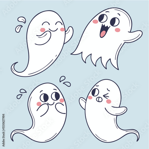 Funny Cartoon Ghosts with Emotions – Cute Halloween Vector Set