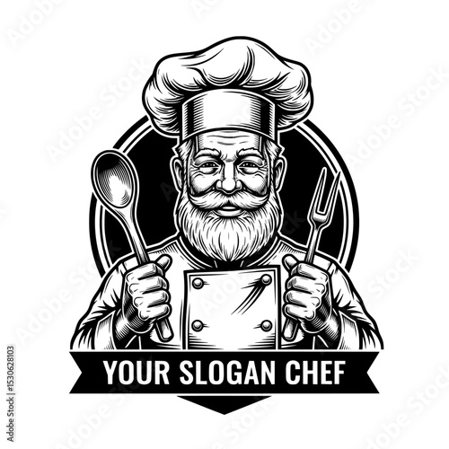 Smiling chef silhouette holding spoon and fork isolated on transparent background