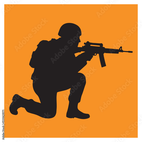 Silhouette of a kneeling soldier aiming rifle against orange background for design use