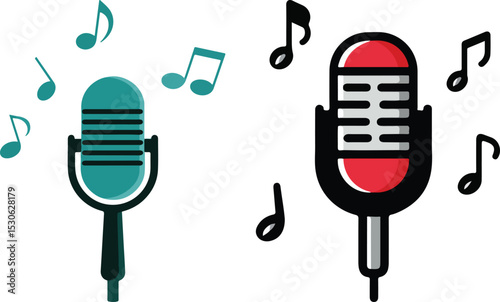  Vibrant Microphone Illustrations set with Floating Musical Notes in Teal and Red