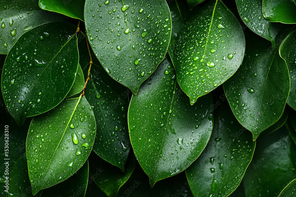 Fototapeta premium Dew-kissed green leaves glisten in the early morning light, showcasing nature's beauty and freshness