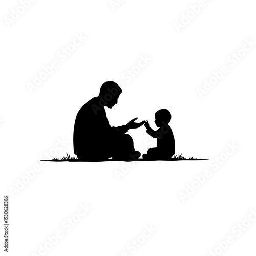 Father and son sitting together silhouette isolated on transparent background
