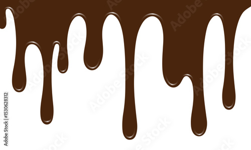 Chocolate drips on a white background, creating a delicious and mouth-watering effect. Ideal for advertising desserts or sweet